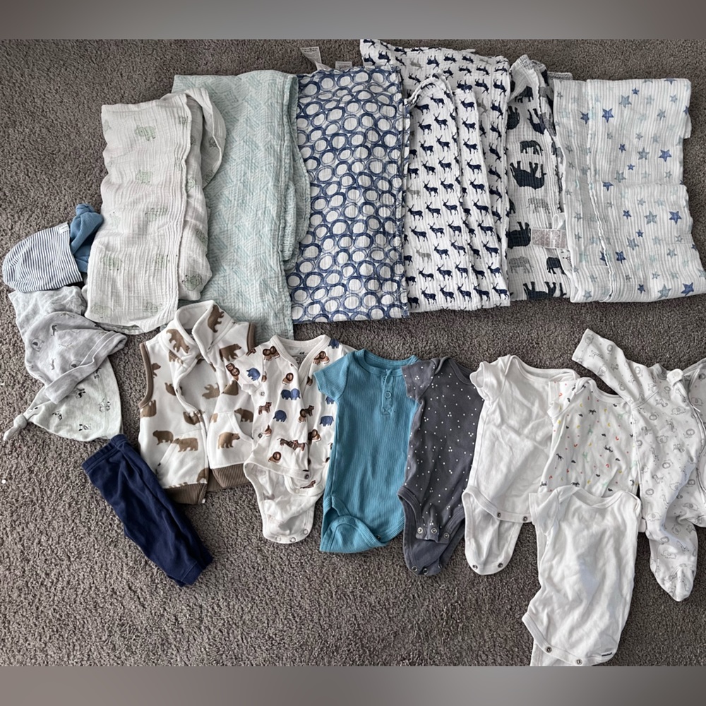 Baby boy bundle - clothes and muslin swaddles